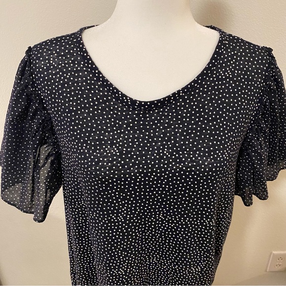 LOFT Black White Polka Dot Linen Flutter Sleeve Blouse - Picture 2 of 11